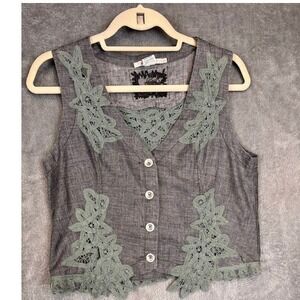 Murmur Womens Gray 100% Linen Floral Lace Trim Button Front Vest Top Large B2069